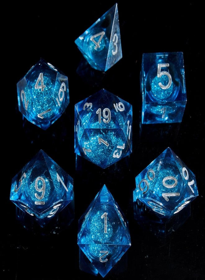 Fugacity DND Dice Set, Liquid Core Handmade Sharp Edge 7 Piece Resin Dice-Dungeons and Dragons Polyhedral Dice Set, D&D Dice Set with Gift Dice Case for RPG MTG Table Games(Blue Sand & Silver) - Image 1